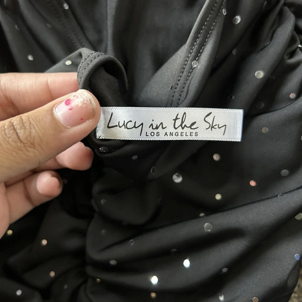 Lucy In The Sky Dress Womens XS Black Rhinestone Polka Dot Long Sleeve Mini